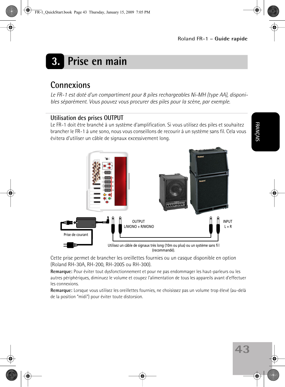 Prise en main, Connexions | Roland FR-1 User Manual | Page 43 / 100