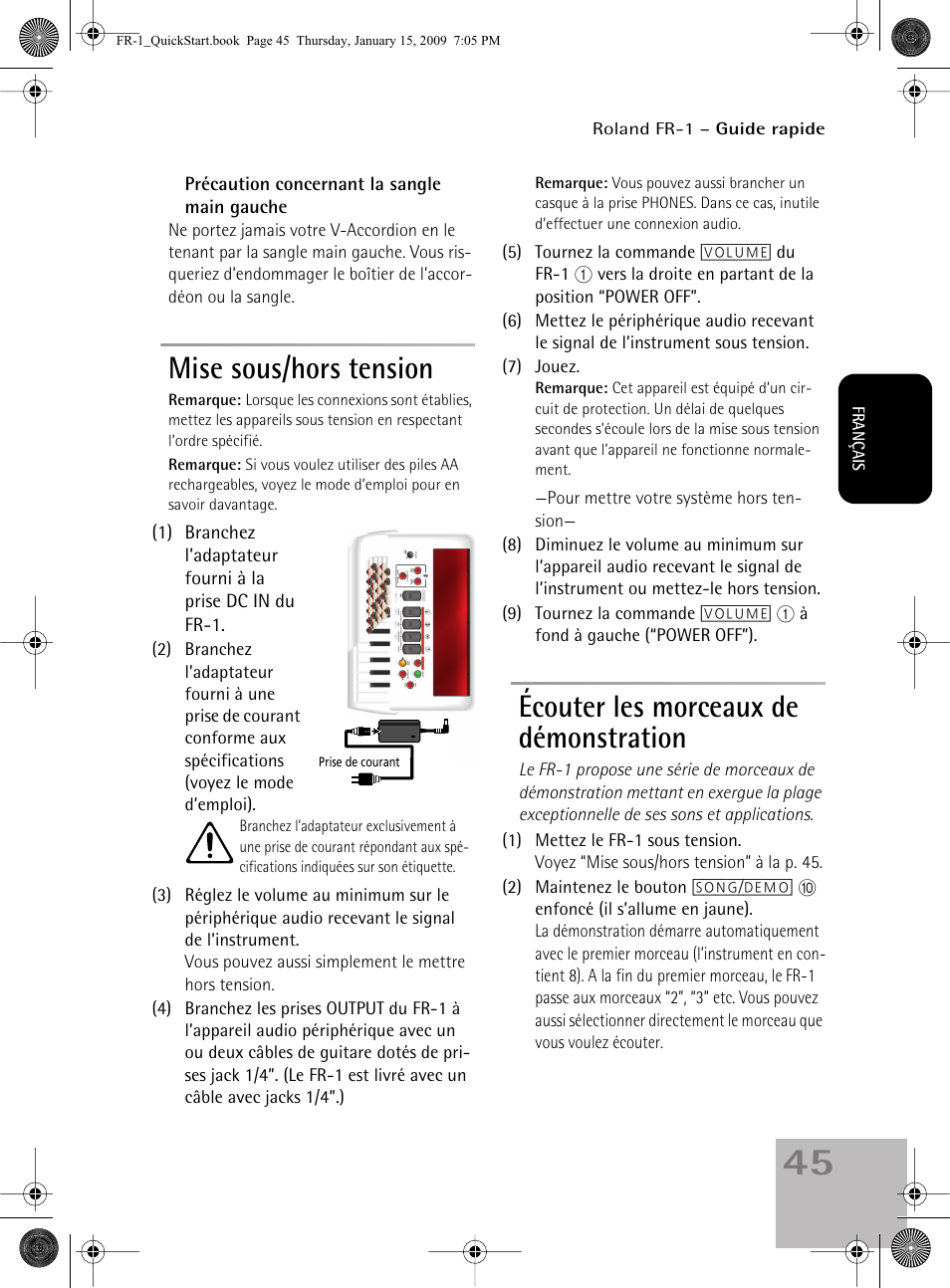 Mise sous/hors tension, Écouter les morceaux de démonstration | Roland FR-1 User Manual | Page 45 / 100