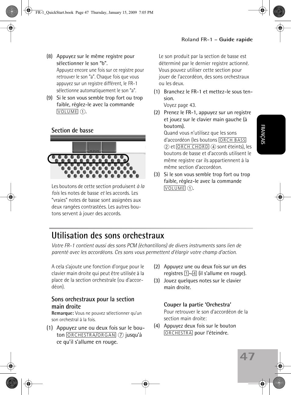 Utilisation des sons orchestraux | Roland FR-1 User Manual | Page 47 / 100