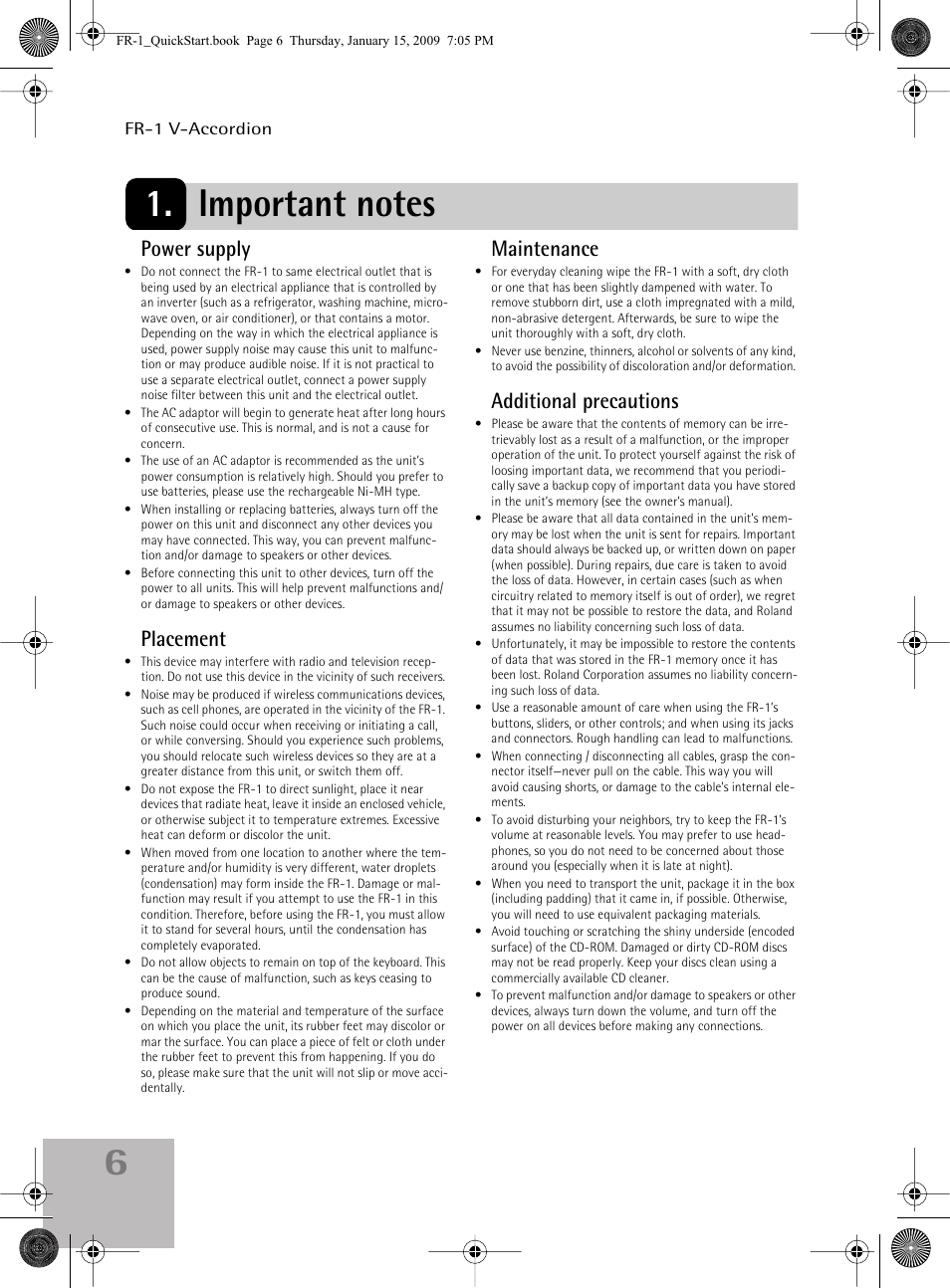Important notes, Power supply, Placement | Maintenance, Additional precautions | Roland FR-1 User Manual | Page 6 / 100