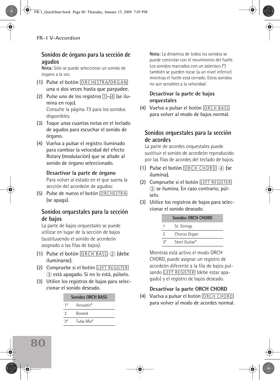 Sonidos de órgano para la sección de agudos, Sonidos orquestales para la sección de bajos, Sonidos orquestales para la sección de acordes | Roland FR-1 User Manual | Page 80 / 100