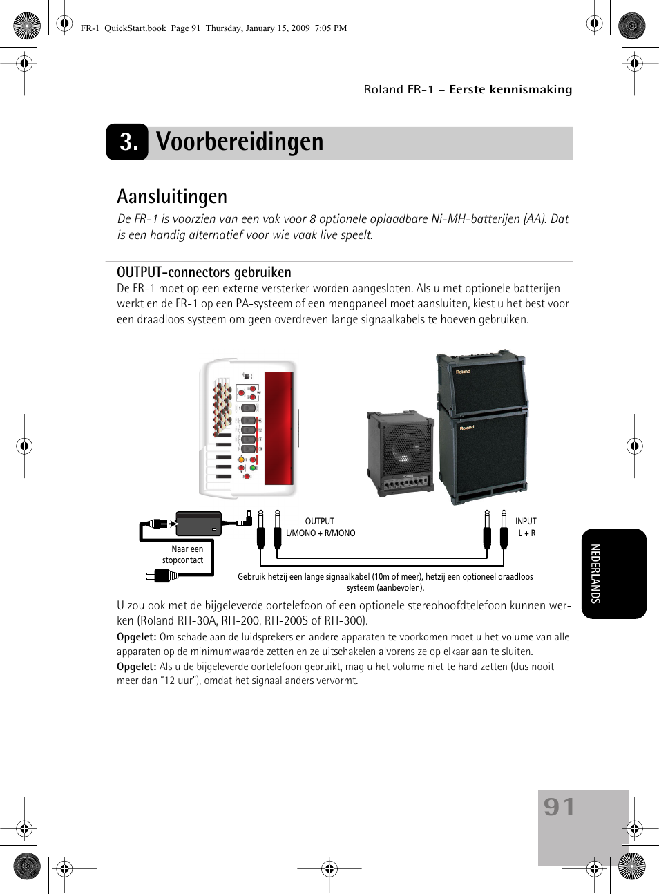 Voorbereidingen, Aansluitingen | Roland FR-1 User Manual | Page 91 / 100