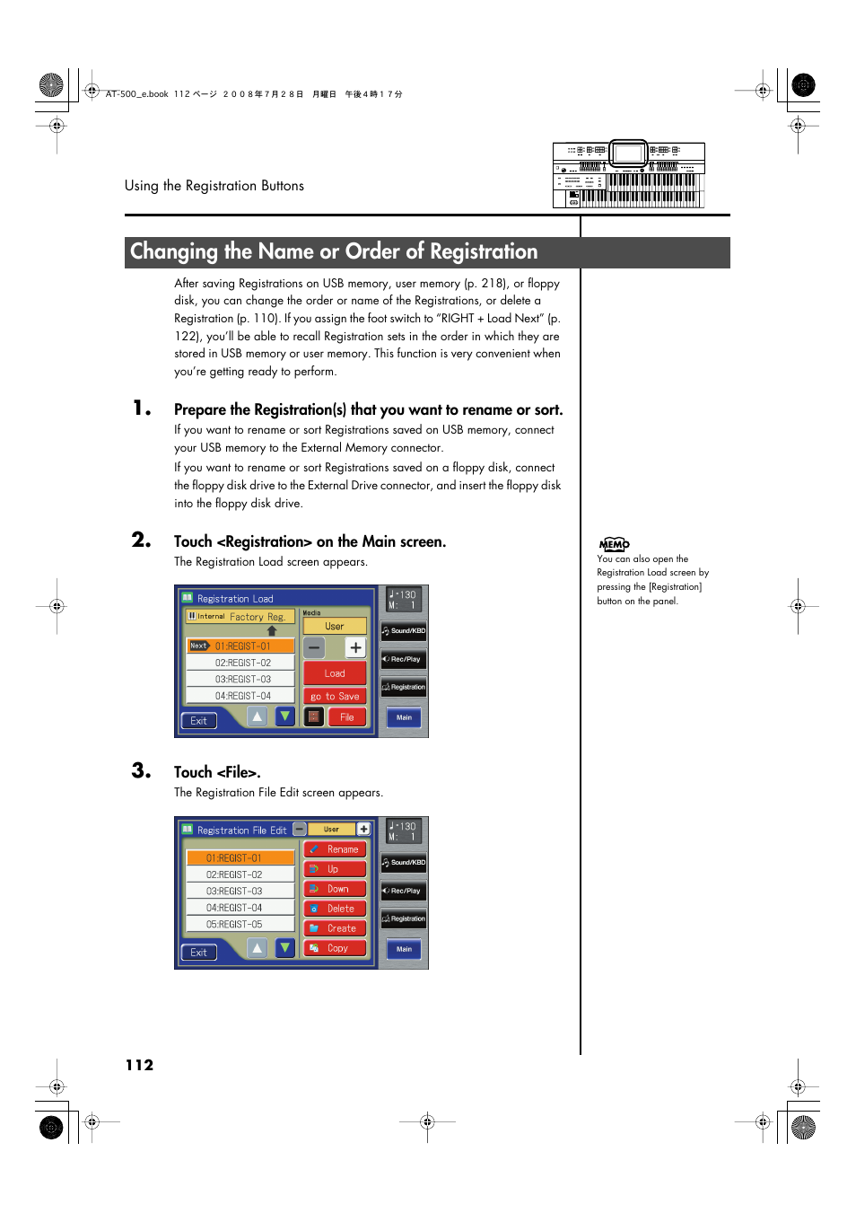 Changing the name or order of registration, Earlier in the order (p. 112), Later in the order (p. 112) | Roland ATELIER AT-500 User Manual | Page 114 / 272