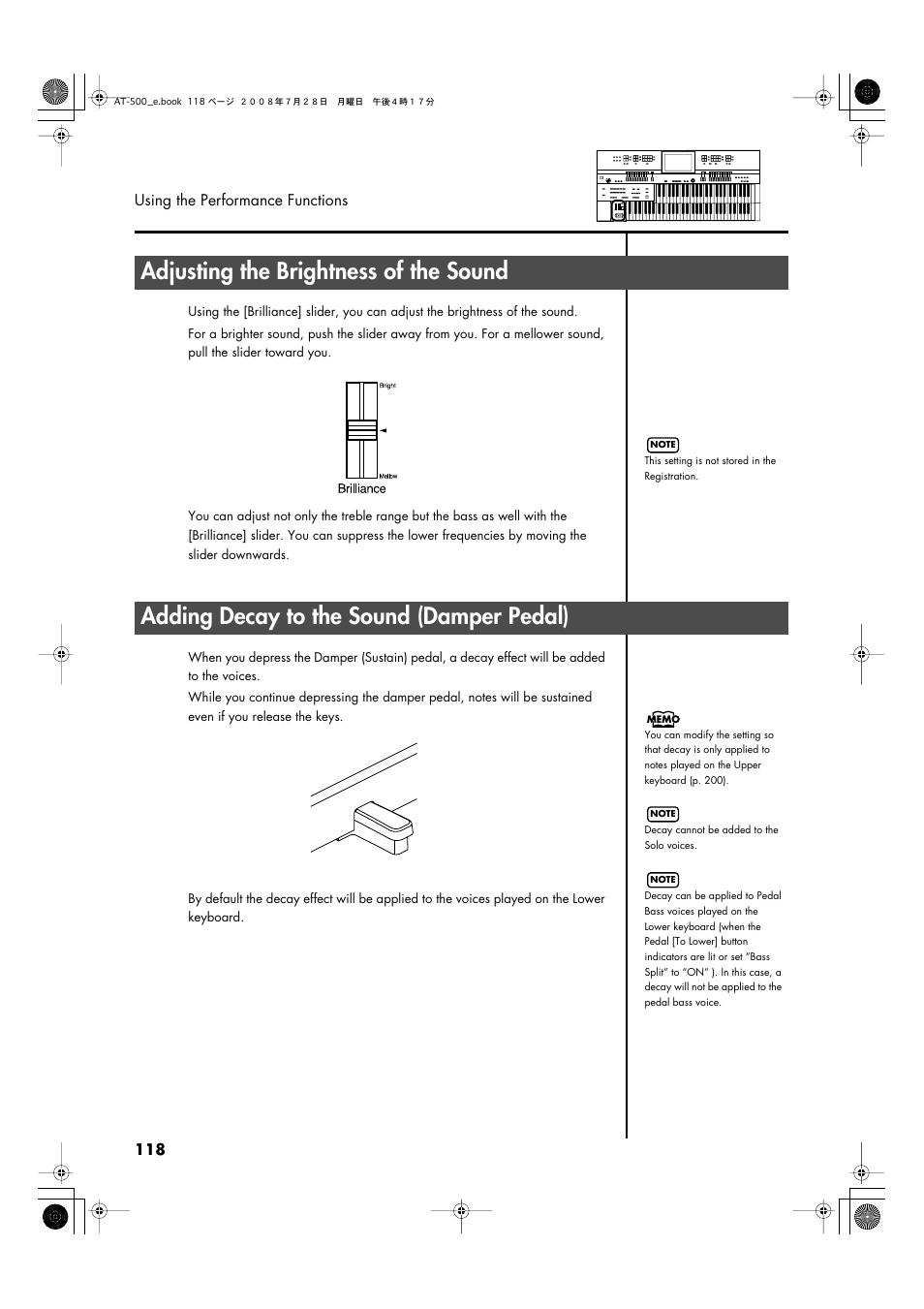 Adjusting the brightness of the sound, Adding decay to the sound (damper pedal), P. 118 | Roland ATELIER AT-500 User Manual | Page 120 / 272