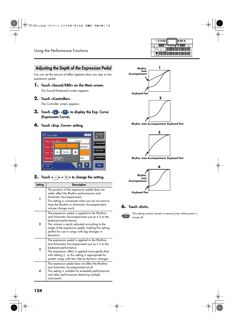 Adjusting the depth of the expression pedal, P. 124, Sound when it is pressed (p. 124) | Roland ATELIER AT-500 User Manual | Page 126 / 272