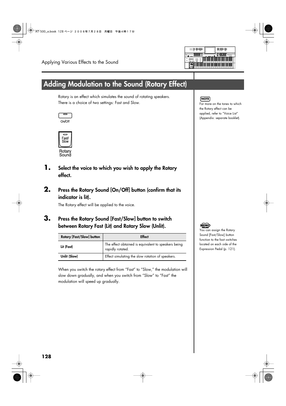 Adding modulation to the sound (rotary effect), P. 128 | Roland ATELIER AT-500 User Manual | Page 130 / 272