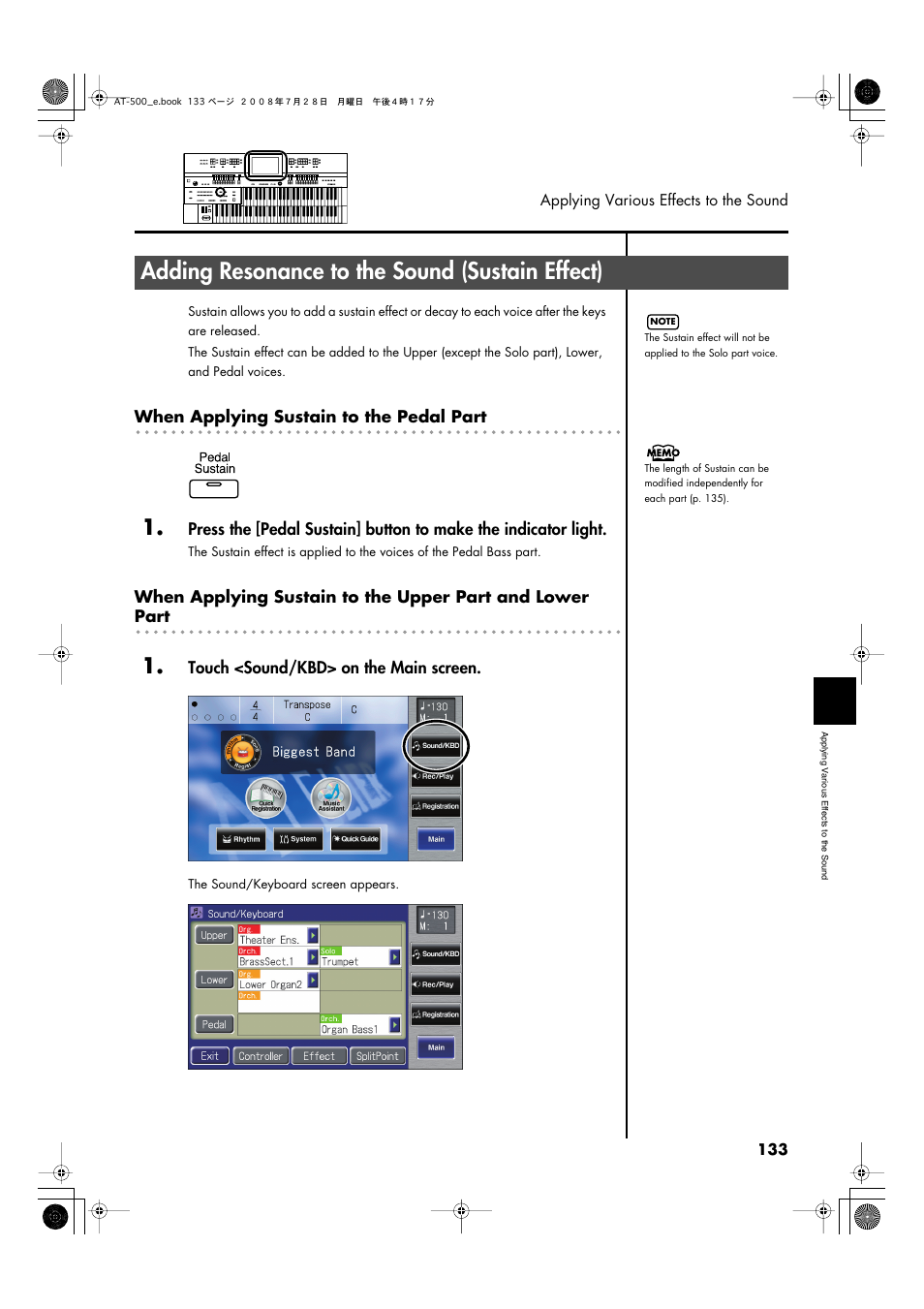 Adding resonance to the sound (sustain effect), P. 133 | Roland ATELIER AT-500 User Manual | Page 135 / 272