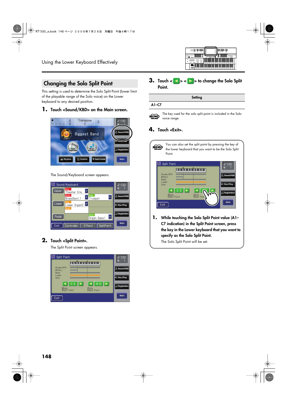 Changing the solo split point, Point (p. 148) | Roland ATELIER AT-500 User Manual | Page 150 / 272