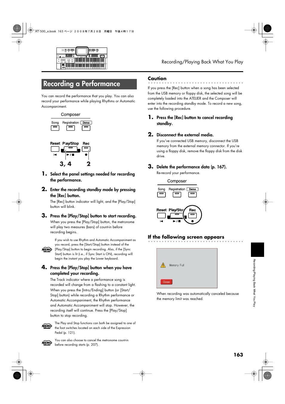 Recording a performance, P. 163 | Roland ATELIER AT-500 User Manual | Page 165 / 272