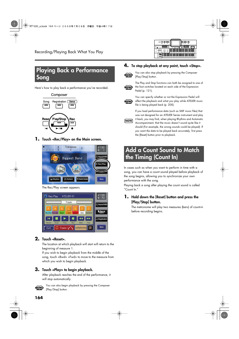 Playing back a performance song, Add a count sound to match the timing (count in) | Roland ATELIER AT-500 User Manual | Page 166 / 272