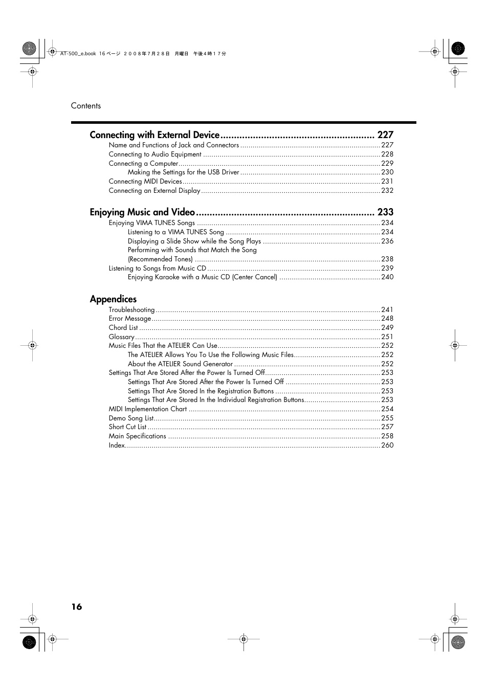 Connecting with external device, Enjoying music and video, Appendices | Roland ATELIER AT-500 User Manual | Page 18 / 272