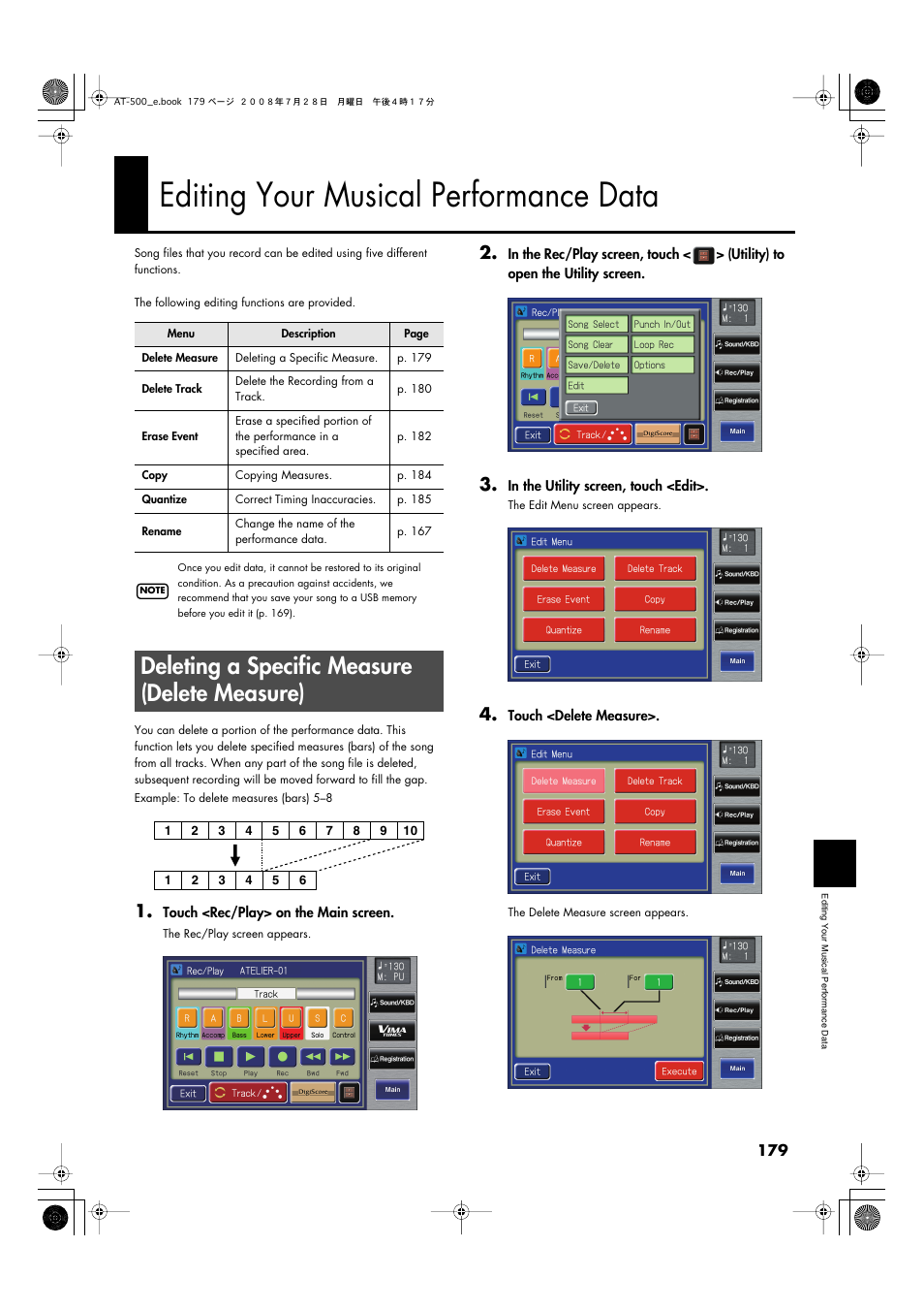 Editing your musical performance data, Deleting a specific measure (delete measure) | Roland ATELIER AT-500 User Manual | Page 181 / 272