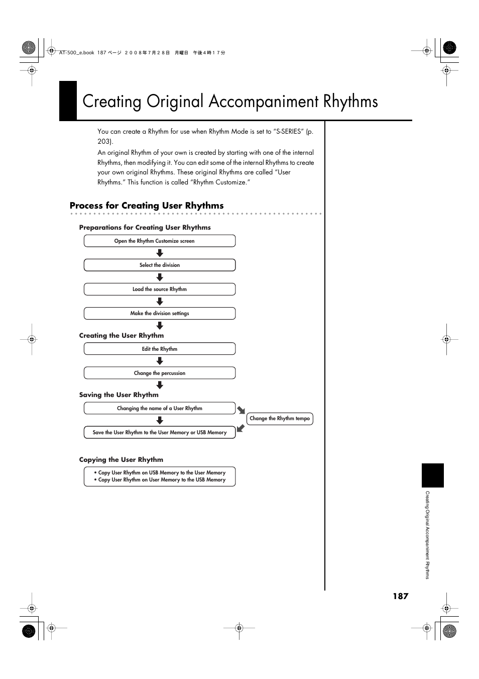 Creating original accompaniment rhythms, Process for creating user rhythms | Roland ATELIER AT-500 User Manual | Page 189 / 272