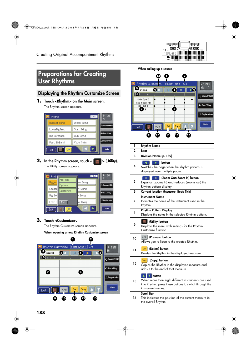 Preparations for creating user rhythms, Displaying the rhythm customize screen, 188 creating original accompaniment rhythms | Roland ATELIER AT-500 User Manual | Page 190 / 272