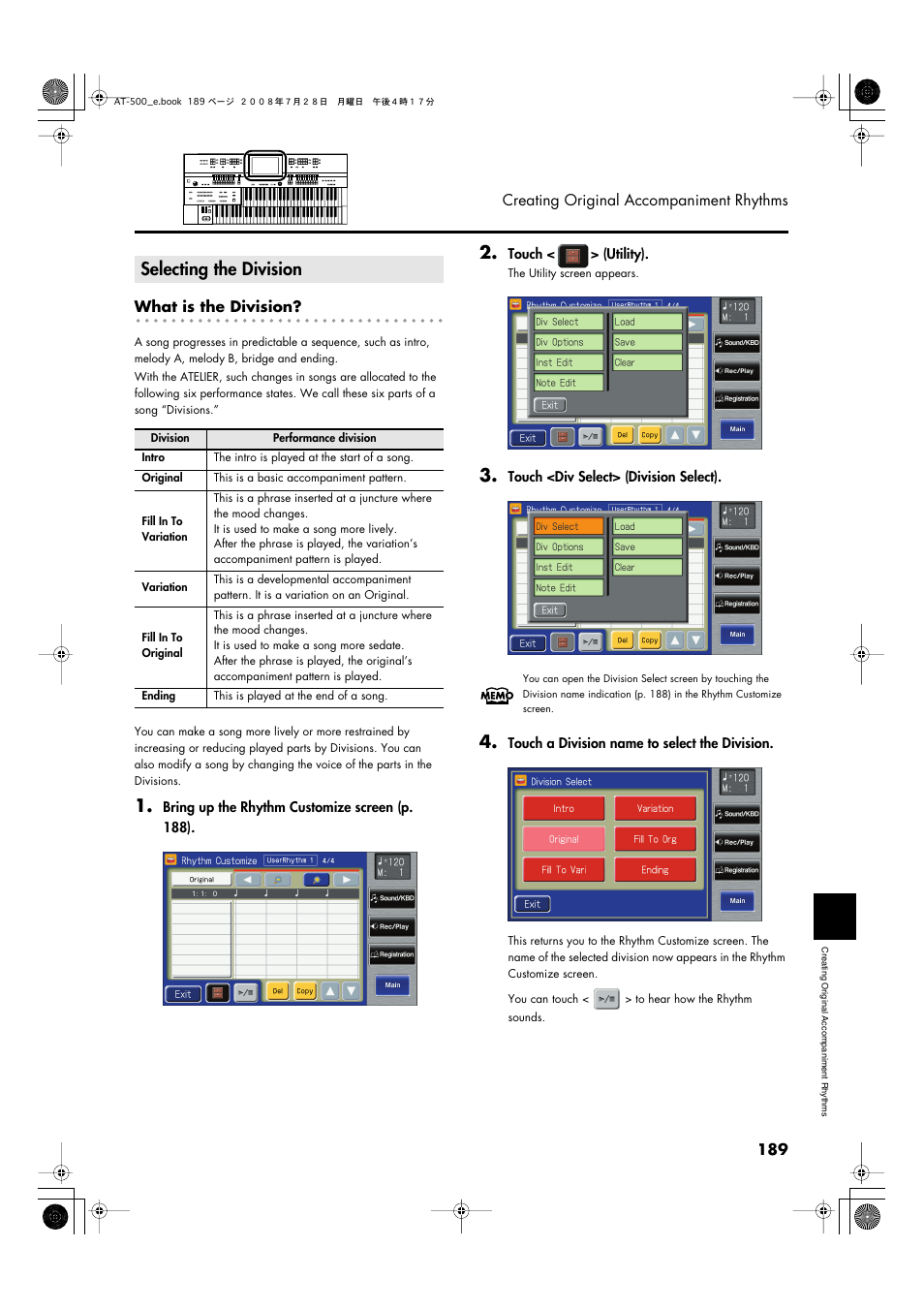 Selecting the division | Roland ATELIER AT-500 User Manual | Page 191 / 272