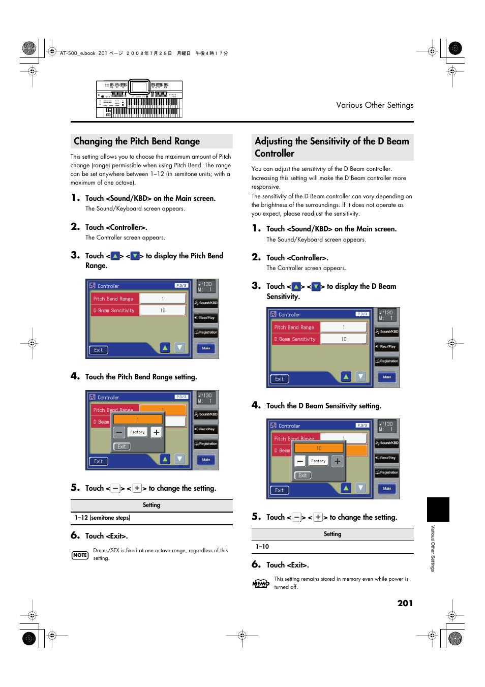 Changing the pitch bend range, Adjusting the sensitivity of the d beam controller | Roland ATELIER AT-500 User Manual | Page 203 / 272