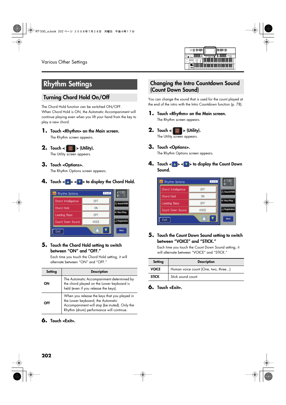 Rhythm settings, Turning chord hold on/off | Roland ATELIER AT-500 User Manual | Page 204 / 272