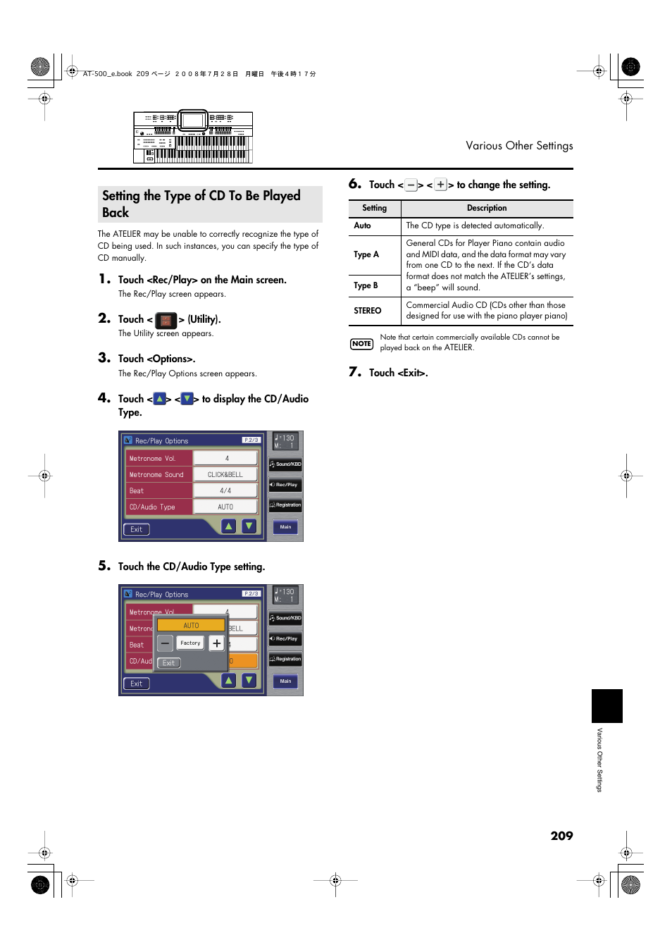 Setting the type of cd to be played back | Roland ATELIER AT-500 User Manual | Page 211 / 272