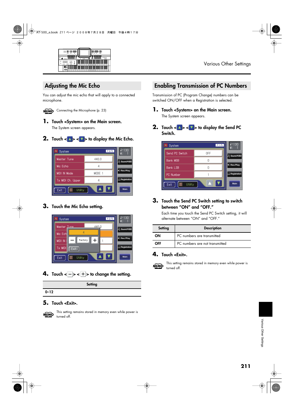 Adjusting the mic echo, Enabling transmission of pc numbers | Roland ATELIER AT-500 User Manual | Page 213 / 272