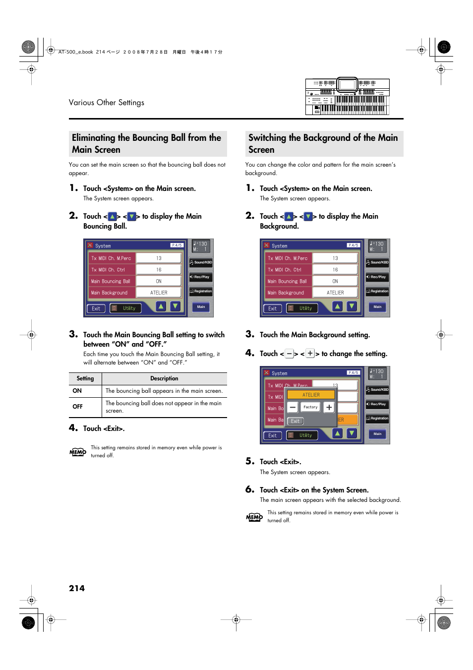 Eliminating the bouncing ball from the main screen, Switching the background of the main screen, In the main screen (p. 214) | The main screen (p. 214) | Roland ATELIER AT-500 User Manual | Page 216 / 272