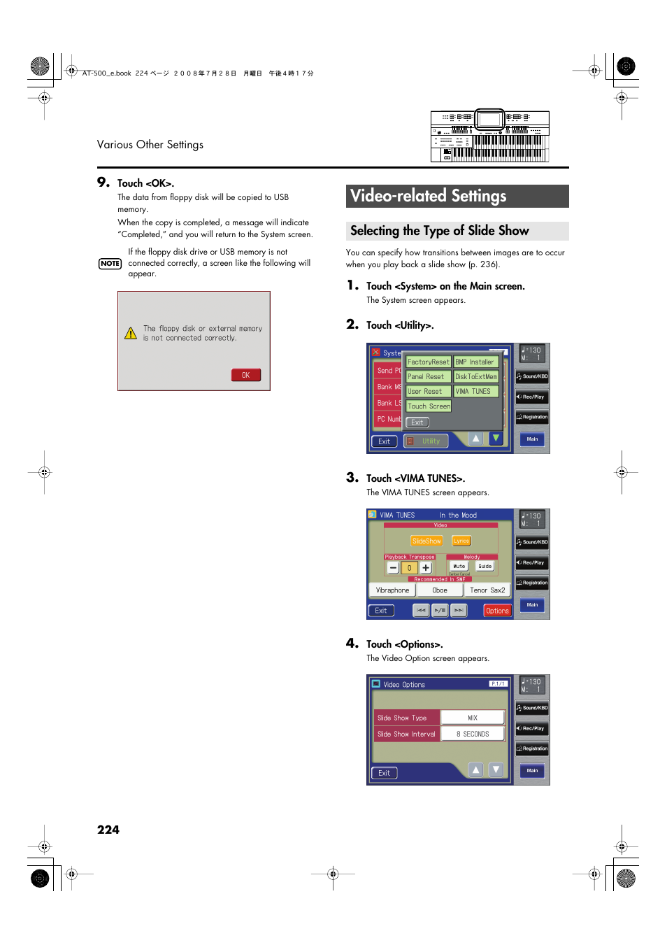 Video-related settings, Selecting the type of slide show | Roland ATELIER AT-500 User Manual | Page 226 / 272