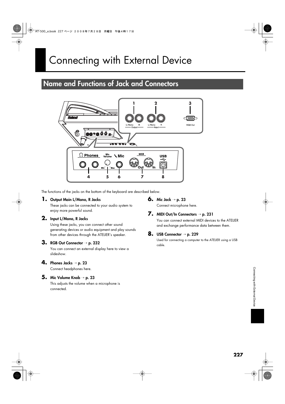 Connecting with external device, Name and functions of jack and connectors | Roland ATELIER AT-500 User Manual | Page 229 / 272