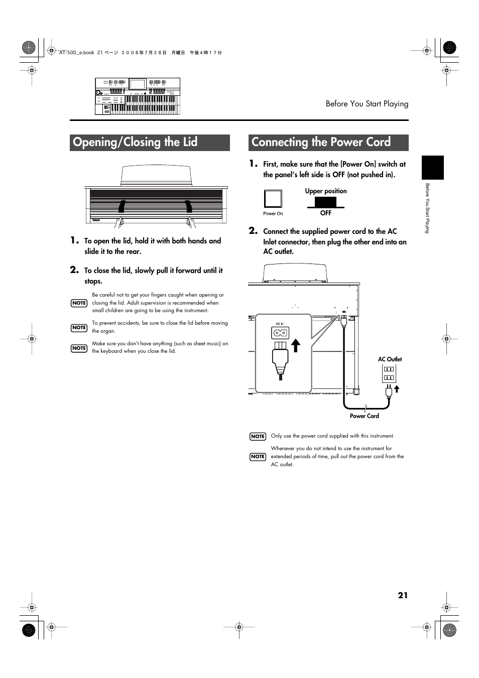 Opening/closing the lid, Connecting the power cord, Opening/closing the lid connecting the power cord | Roland ATELIER AT-500 User Manual | Page 23 / 272