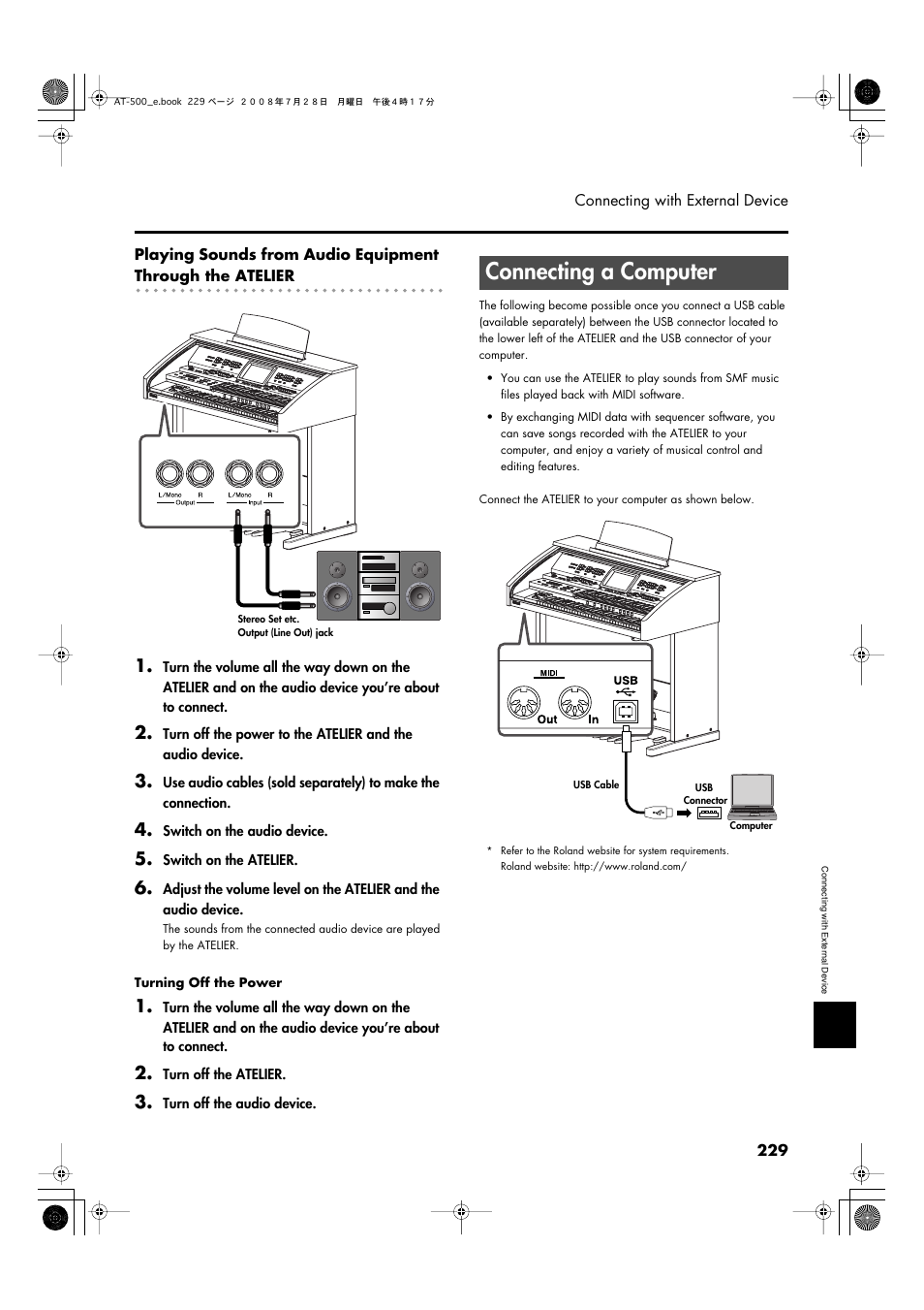 Connecting a computer, P. 229 | Roland ATELIER AT-500 User Manual | Page 231 / 272