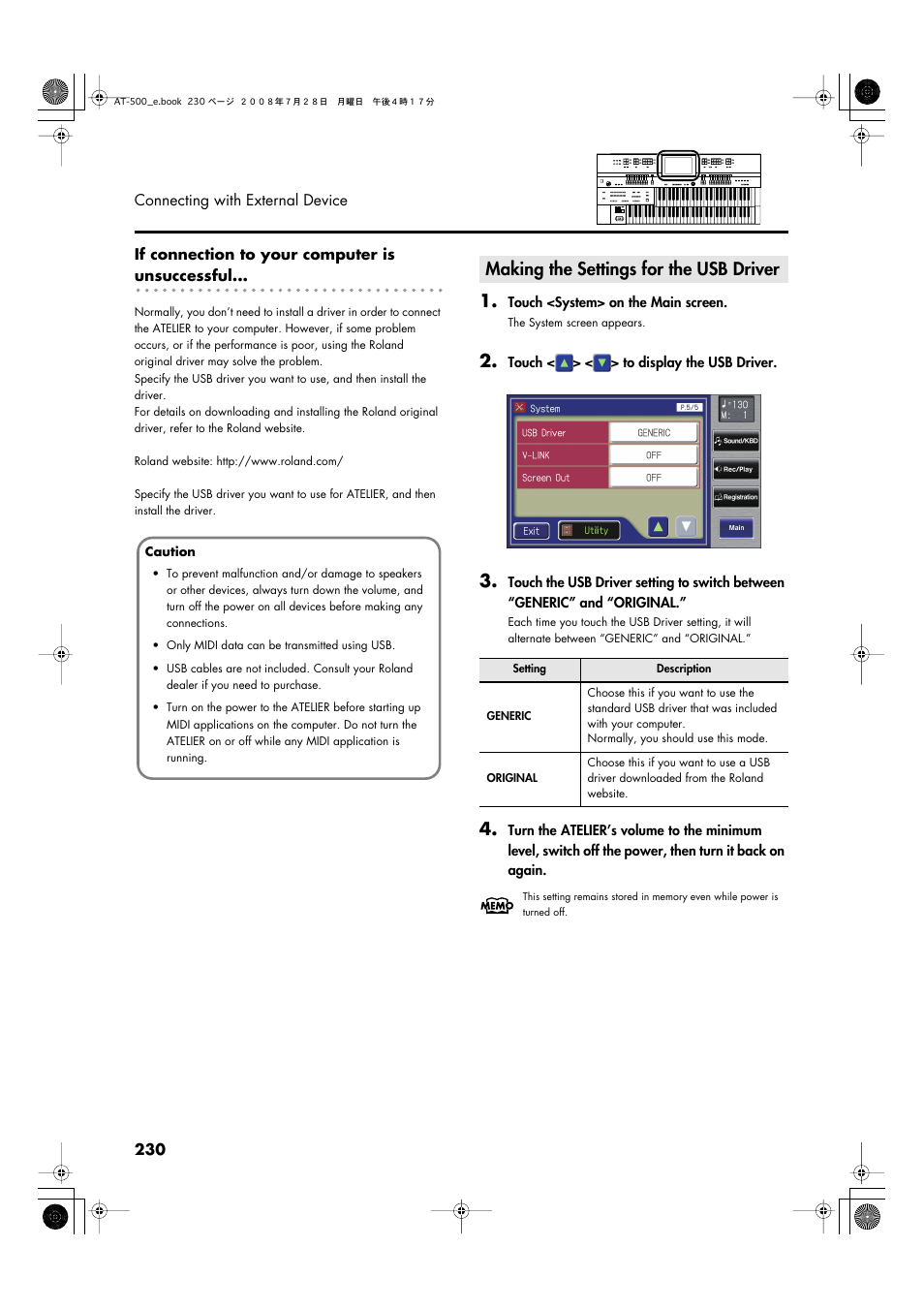 Making the settings for the usb driver | Roland ATELIER AT-500 User Manual | Page 232 / 272