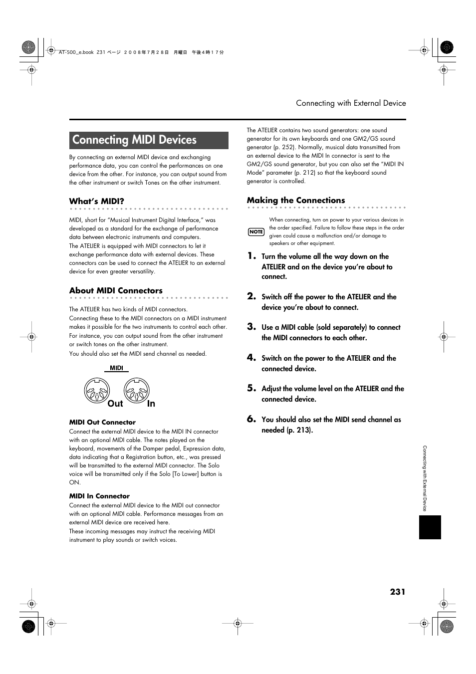 Connecting midi devices, P. 231 | Roland ATELIER AT-500 User Manual | Page 233 / 272