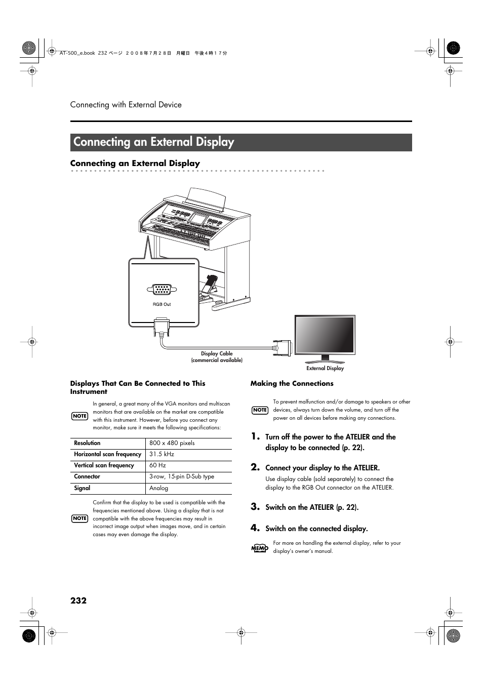 Connecting an external display, P. 232 | Roland ATELIER AT-500 User Manual | Page 234 / 272