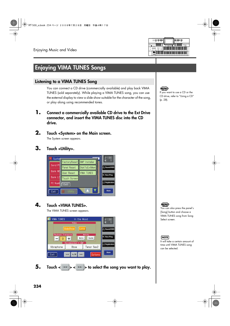 Enjoying vima tunes songs, Listening to a vima tunes song | Roland ATELIER AT-500 User Manual | Page 236 / 272