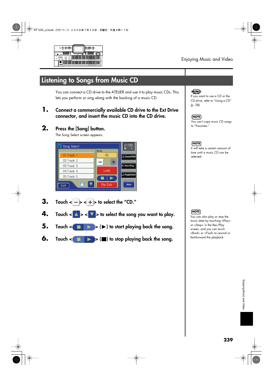 Listening to songs from music cd | Roland ATELIER AT-500 User Manual | Page 241 / 272