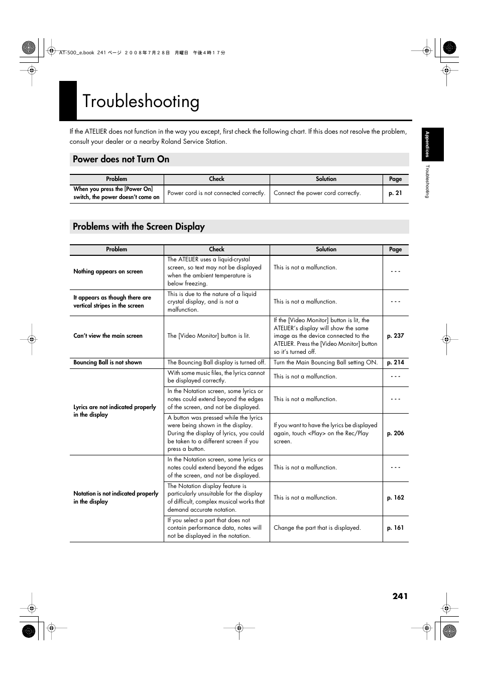 Troubleshooting, Power does not turn on, Problems with the screen display | Roland ATELIER AT-500 User Manual | Page 243 / 272