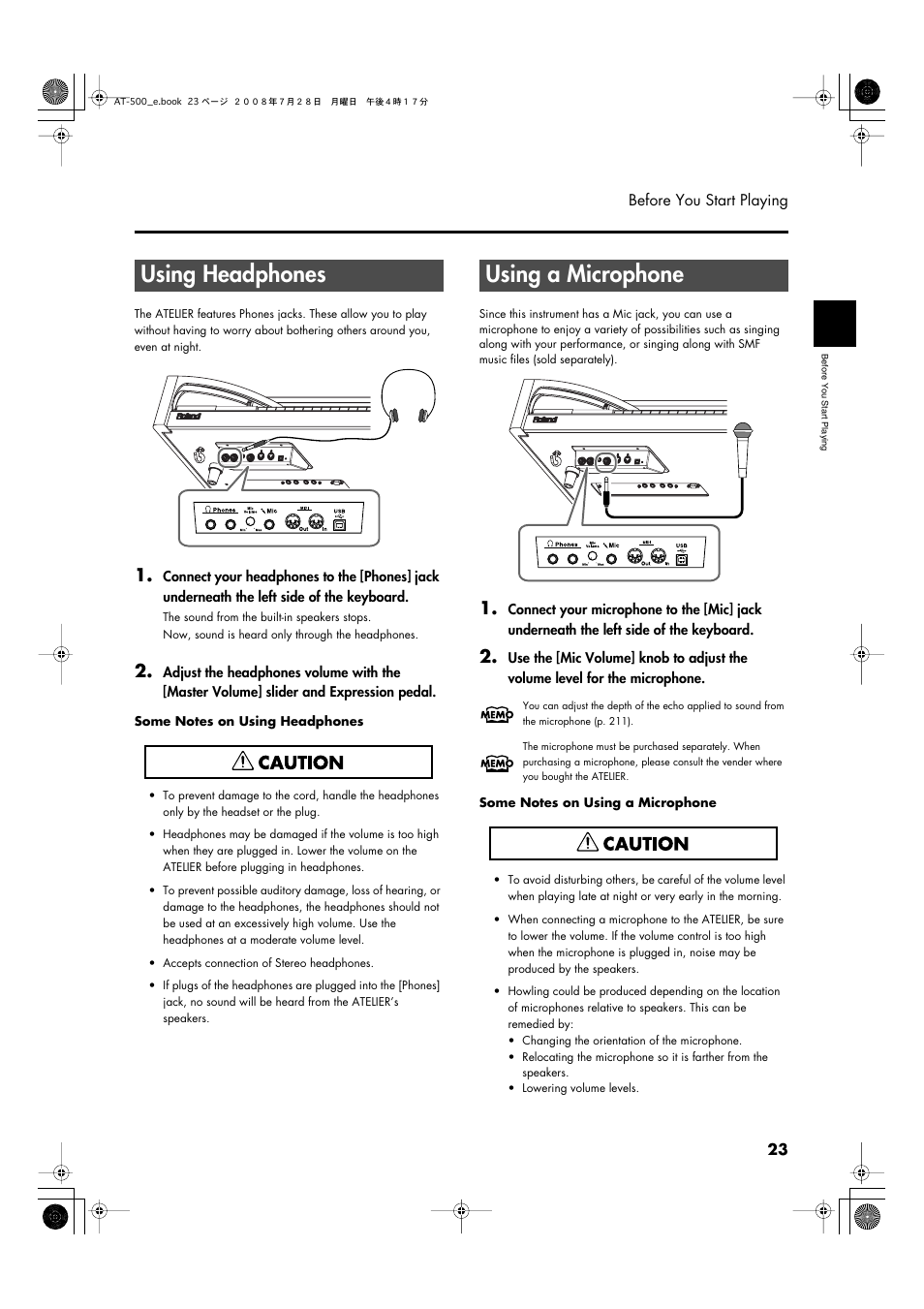 Using headphones, Using a microphone, Using headphones using a microphone | Roland ATELIER AT-500 User Manual | Page 25 / 272