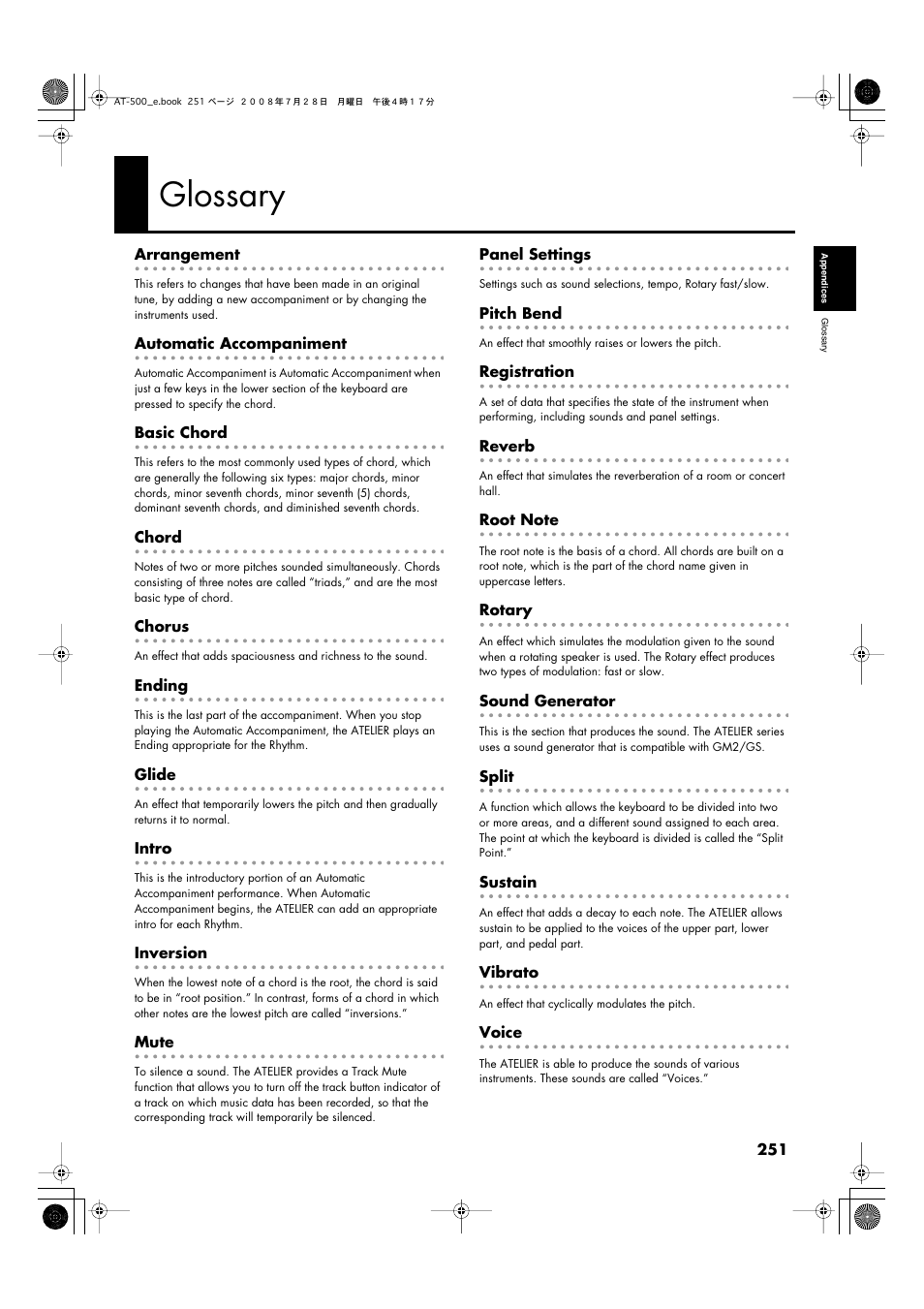 Glossary | Roland ATELIER AT-500 User Manual | Page 253 / 272