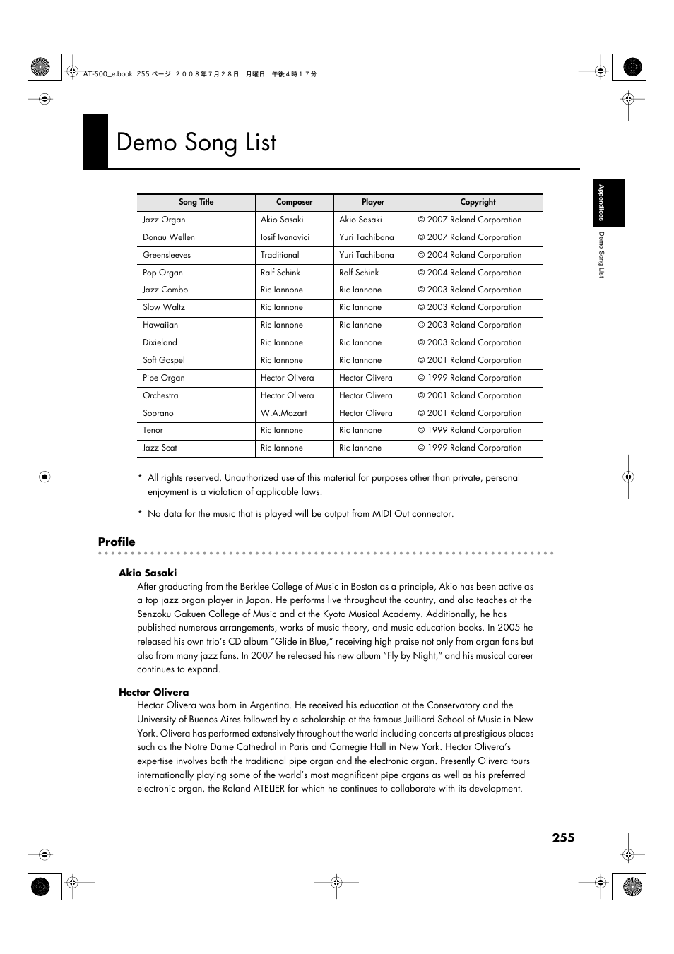 Demo song list | Roland ATELIER AT-500 User Manual | Page 257 / 272