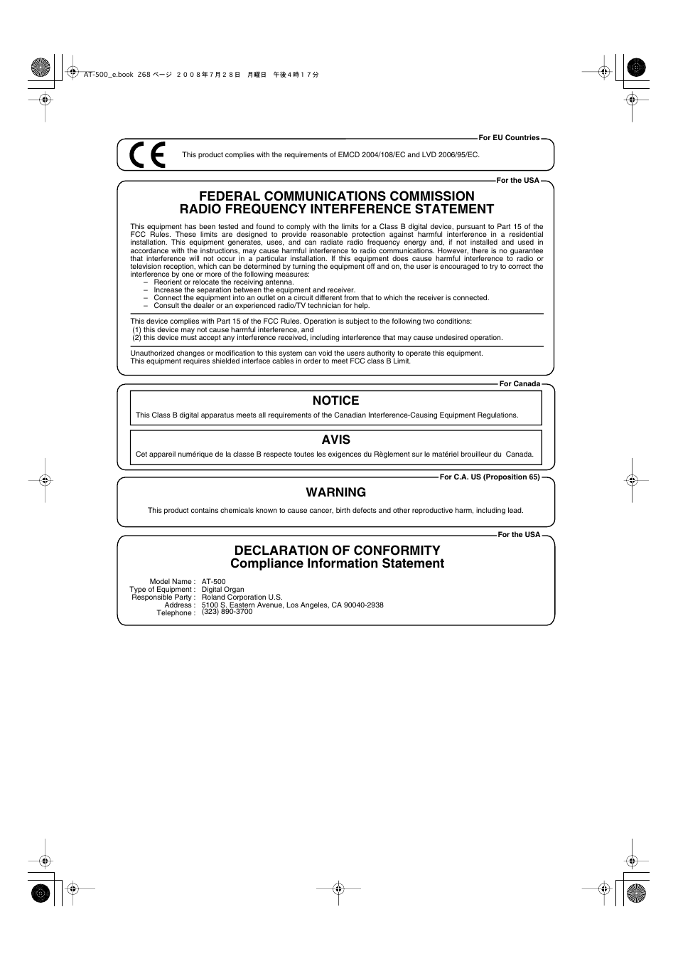 Notice avis, Warning | Roland ATELIER AT-500 User Manual | Page 270 / 272