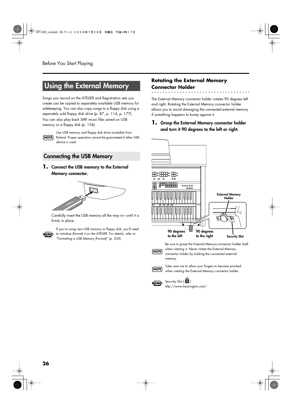 Using the external memory, Connecting the usb memory | Roland ATELIER AT-500 User Manual | Page 28 / 272