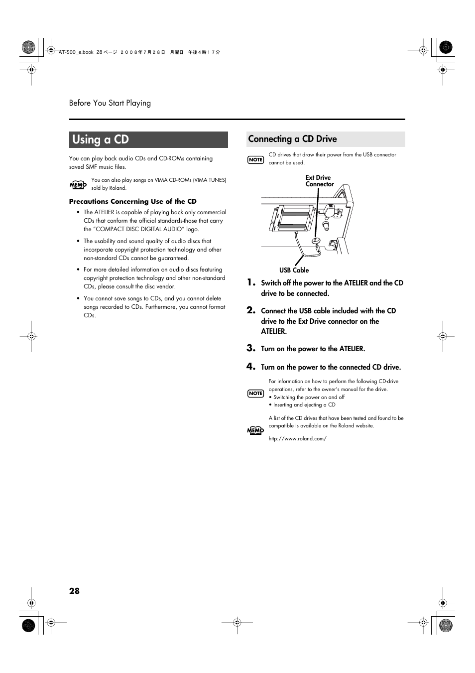 Using a cd, Connecting a cd drive | Roland ATELIER AT-500 User Manual | Page 30 / 272