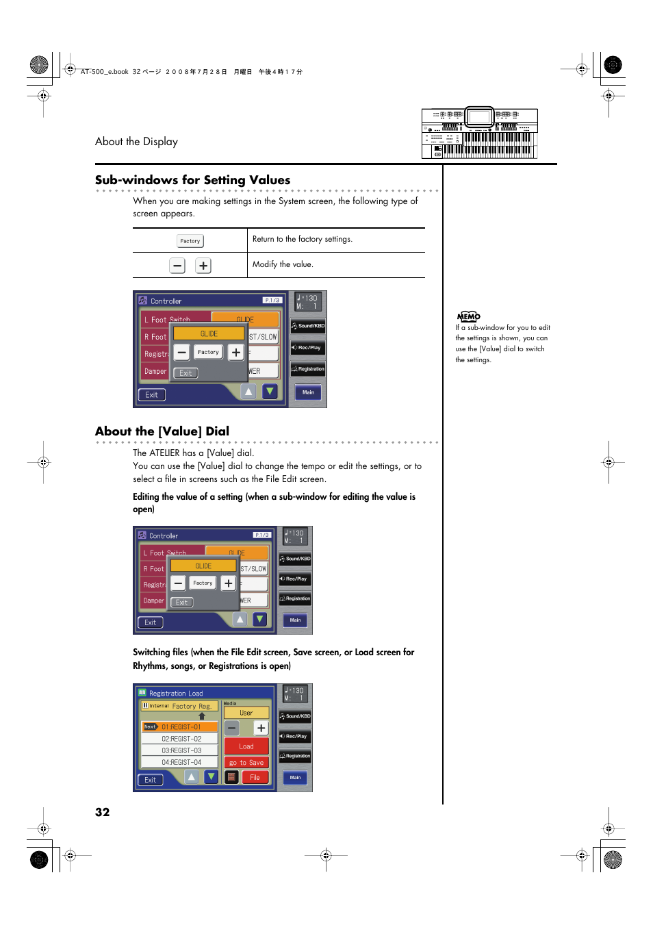 P. 32, Sub-windows for setting values, About the [value] dial | Roland ATELIER AT-500 User Manual | Page 34 / 272