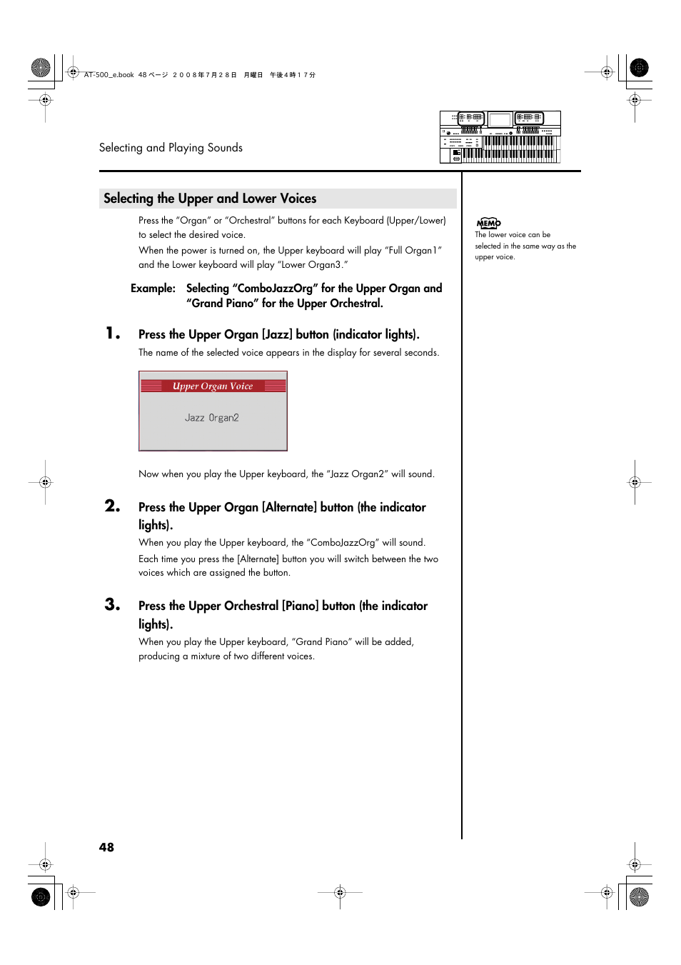 Selecting the upper and lower voices, P. 48 | Roland ATELIER AT-500 User Manual | Page 50 / 272