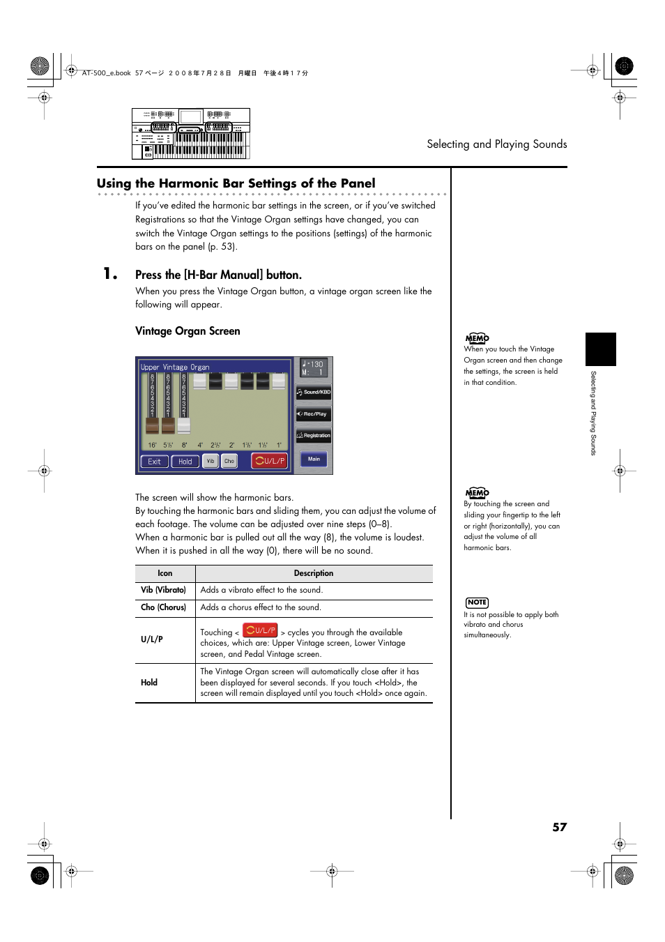 P. 57, Using the harmonic bar settings of the panel, Press the [h-bar manual] button | Roland ATELIER AT-500 User Manual | Page 59 / 272