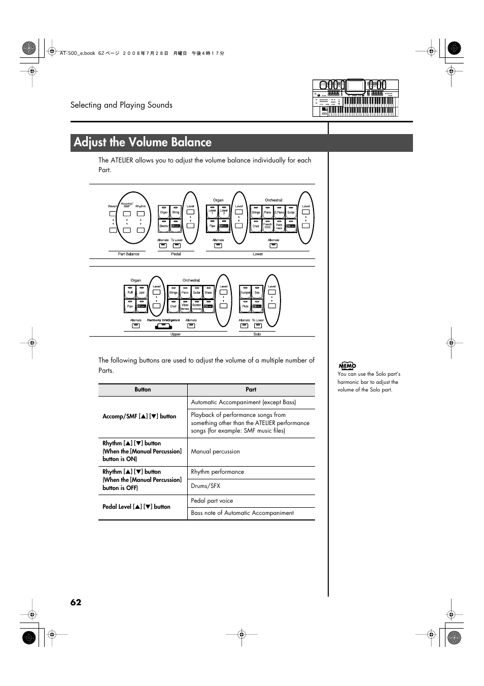 Adjust the volume balance, P. 62, 62 selecting and playing sounds | Roland ATELIER AT-500 User Manual | Page 64 / 272