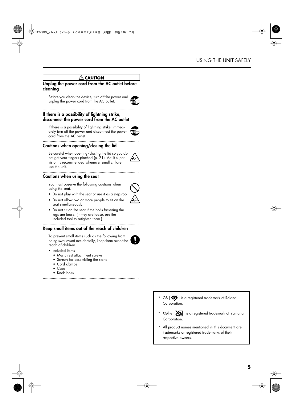 5 using the unit safely | Roland ATELIER AT-500 User Manual | Page 7 / 272