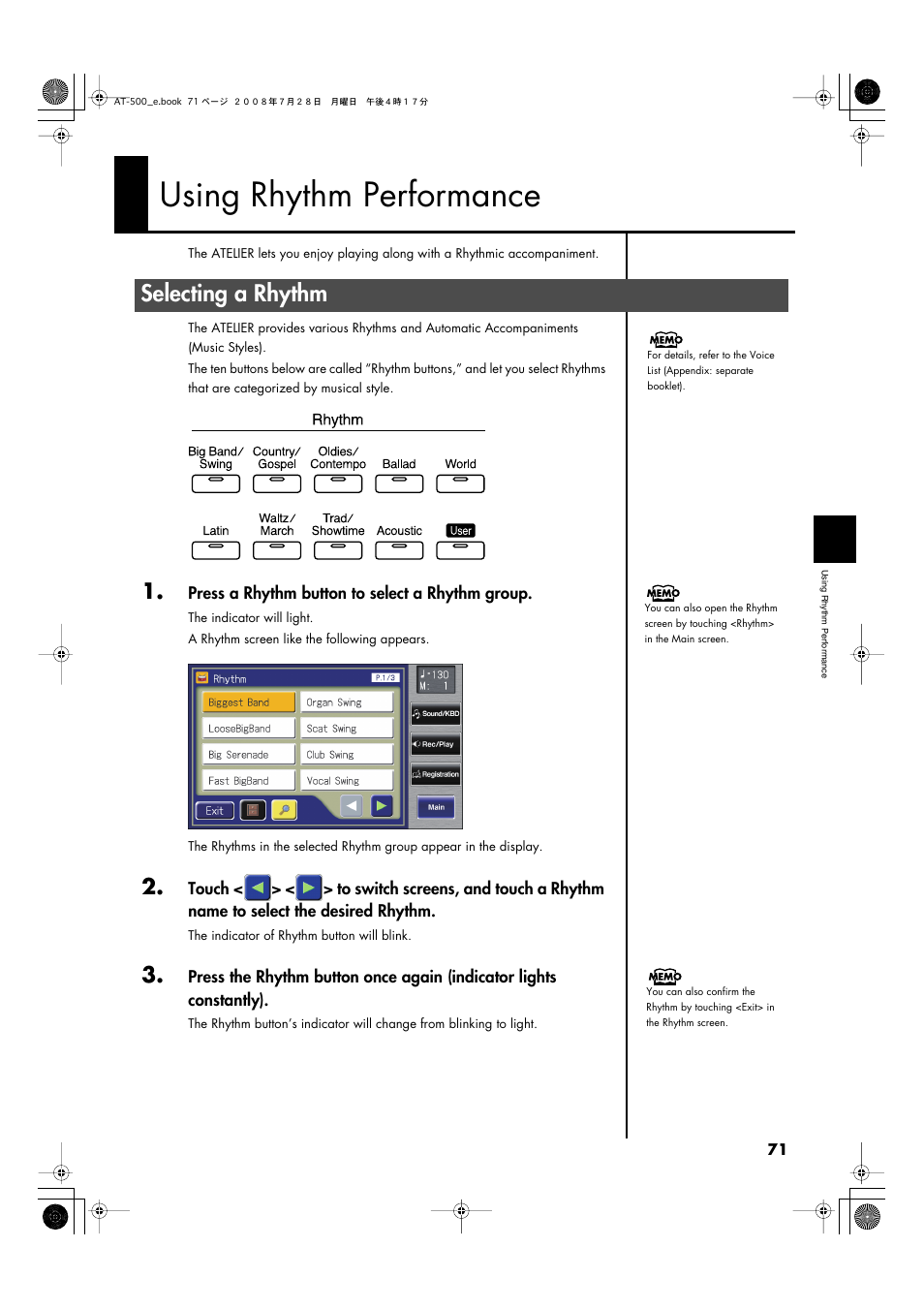 Using rhythm performance, Selecting a rhythm, P. 71 | Roland ATELIER AT-500 User Manual | Page 73 / 272