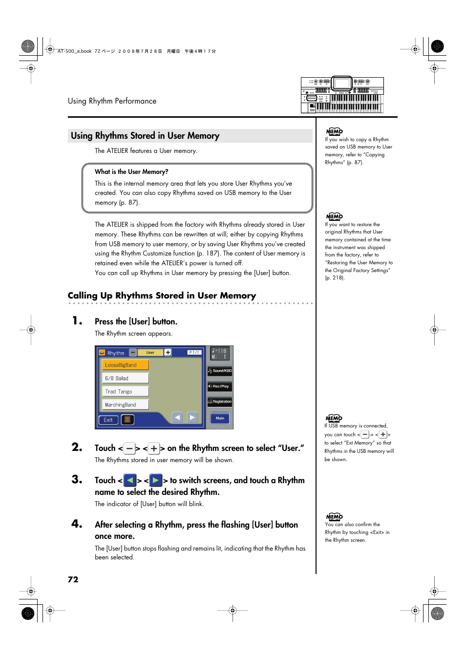 Using rhythms stored in user memory | Roland ATELIER AT-500 User Manual | Page 74 / 272