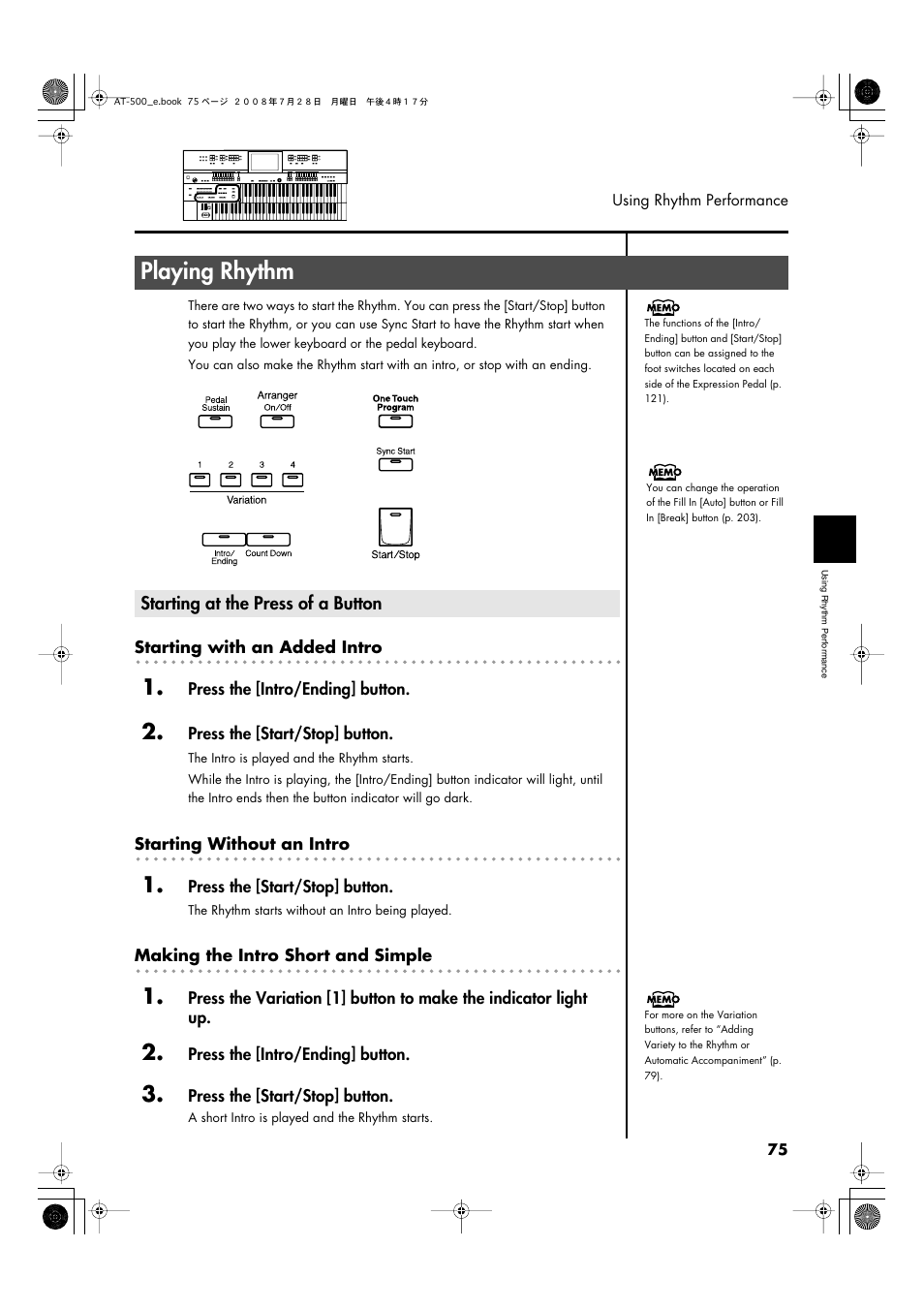 Playing rhythm, Starting at the press of a button, P. 75–p. 77 | Roland ATELIER AT-500 User Manual | Page 77 / 272