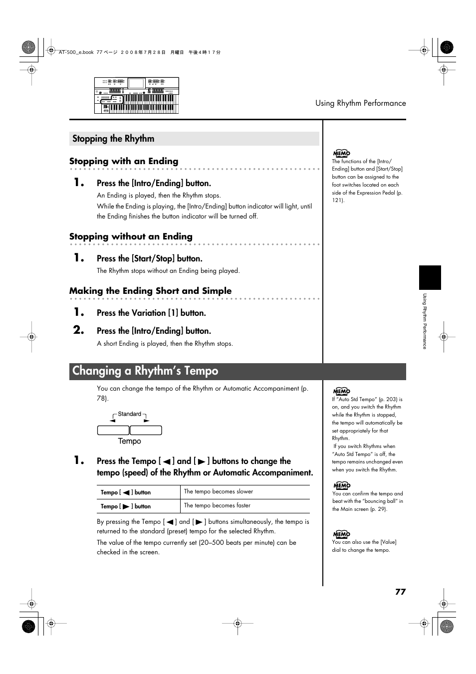 Stopping the rhythm, Changing a rhythm’s tempo, P. 77 | Roland ATELIER AT-500 User Manual | Page 79 / 272