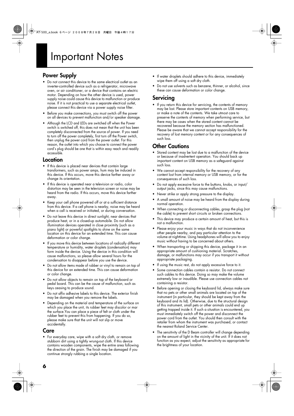 Important notes, Power supply, Location | Care, Servicing, Other cautions | Roland ATELIER AT-500 User Manual | Page 8 / 272